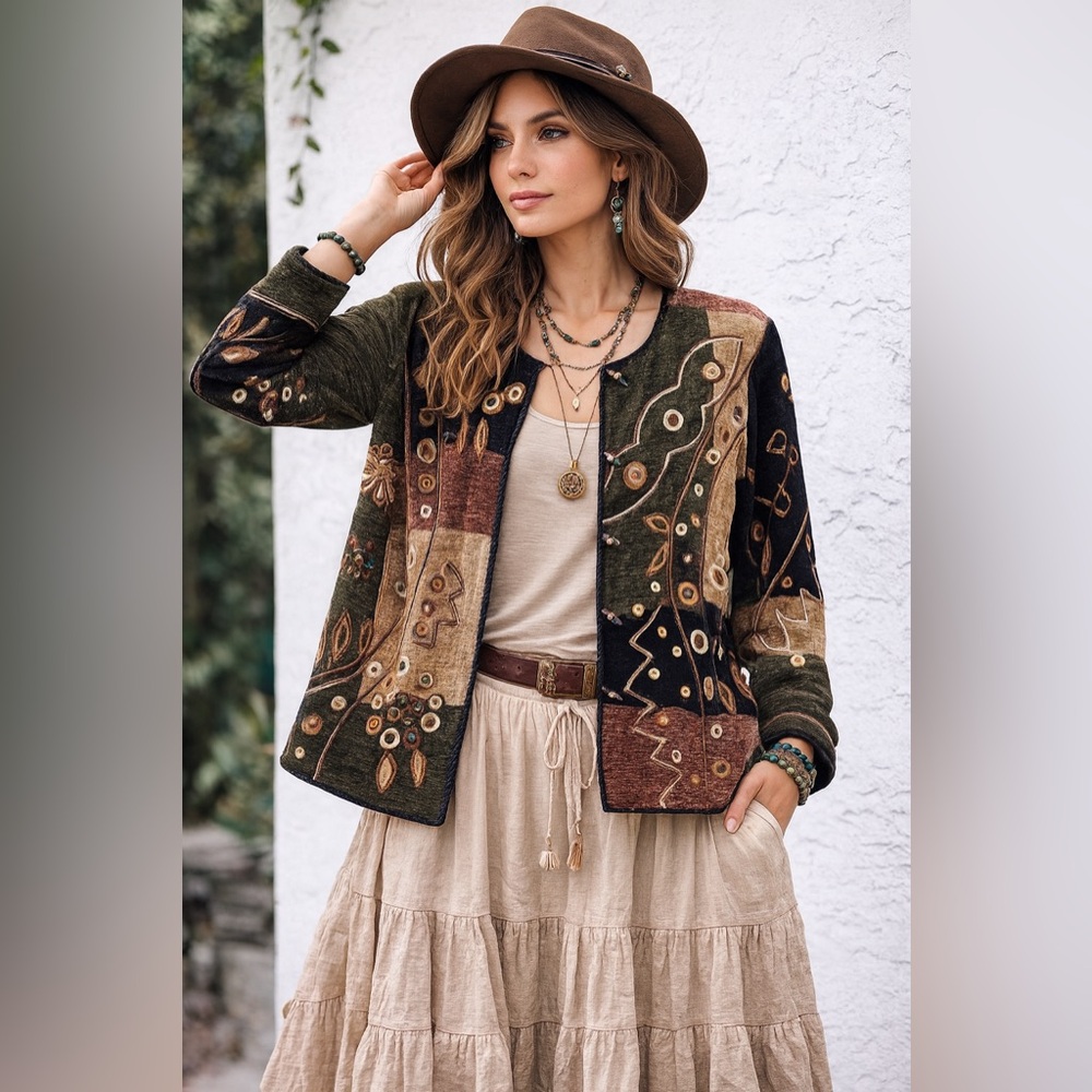 Indigo Moon Embroidered Jacket Metallic Medium Gold Leaves Button Down Lined - Picture 14 of 14